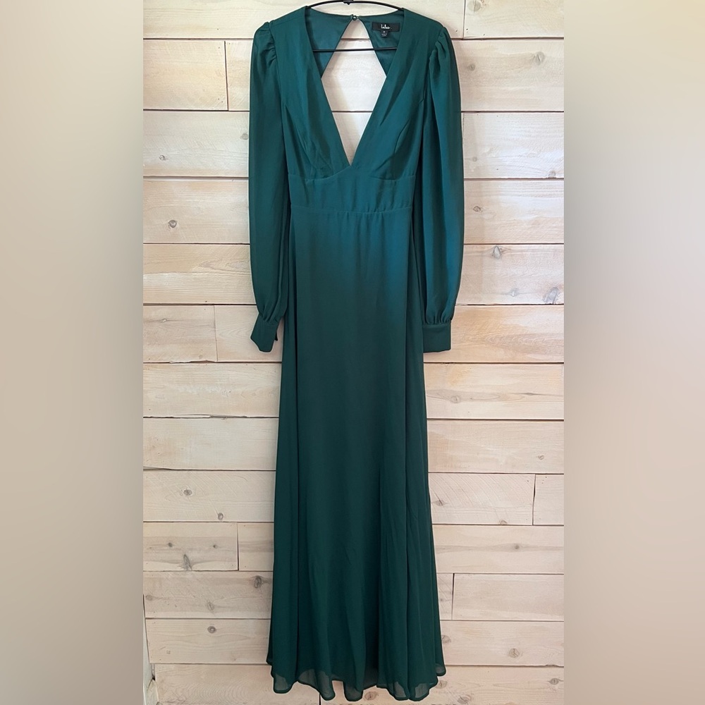 Lulu’s Talk About Divine Hunter Green Long Sleeve Backless Maxi Dress sz M EUC